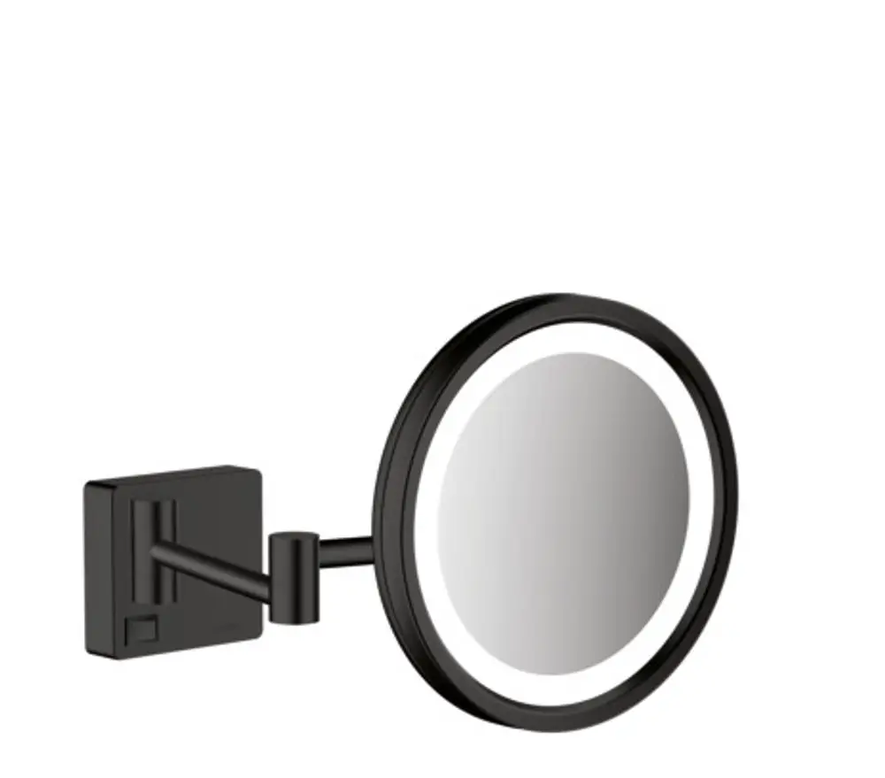 Rasierspiegel mit LED-Beleuchtung, mattschwarz, an einer Wand montiert. Hansgrohe-Design mit schwenkbarem Arm für flexible Nutzung.
